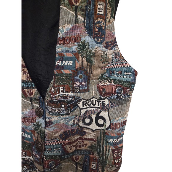 Vintage 90s Denim‎ Republic Route 66 Tapestry Vest Travel Souvenir Novelty - Picture 3 of 8